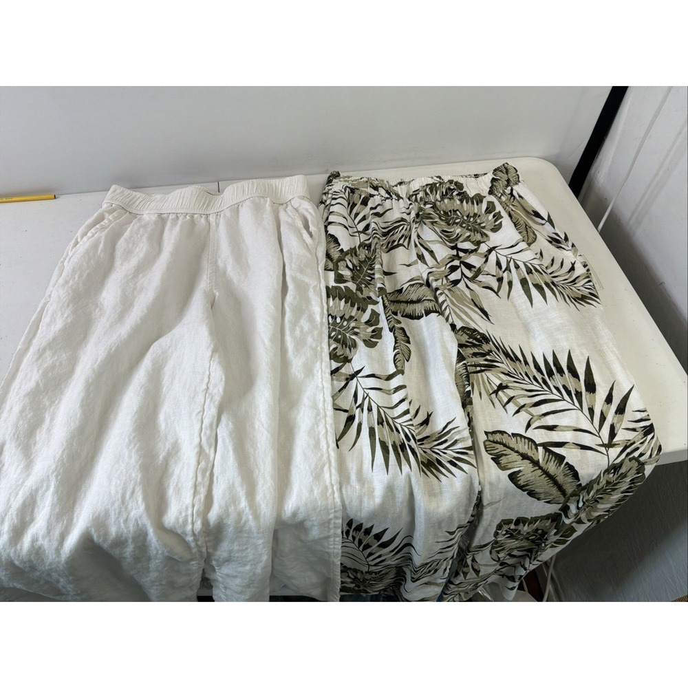Lot 2 Tahari Small Linen Wide Leg Tropical Print & Solid White Beach Pants